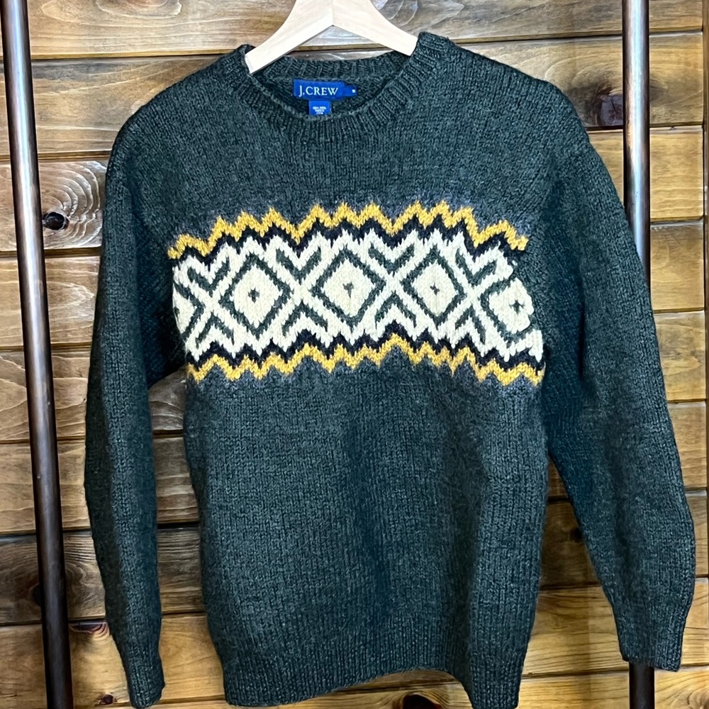 J.Crew 100% Wool Fair Isle Sweater | Green Yellow Nordic Chunky Knit | Size S